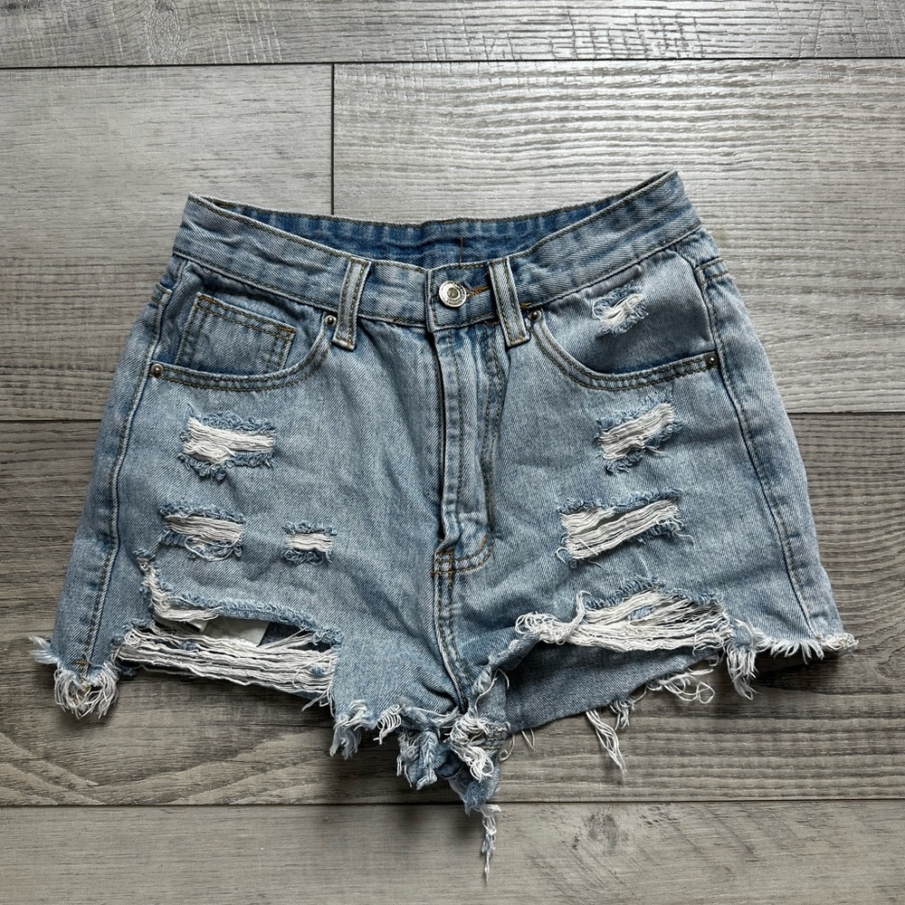 SHEIN Blue Jean Shorts Distressed Raw Hem